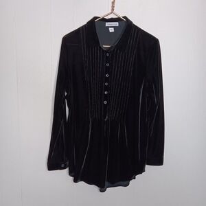 Coldwater Creek Pintuck Blouse L Black Velvet Tunic Whimsigoth Witchy Fairycore